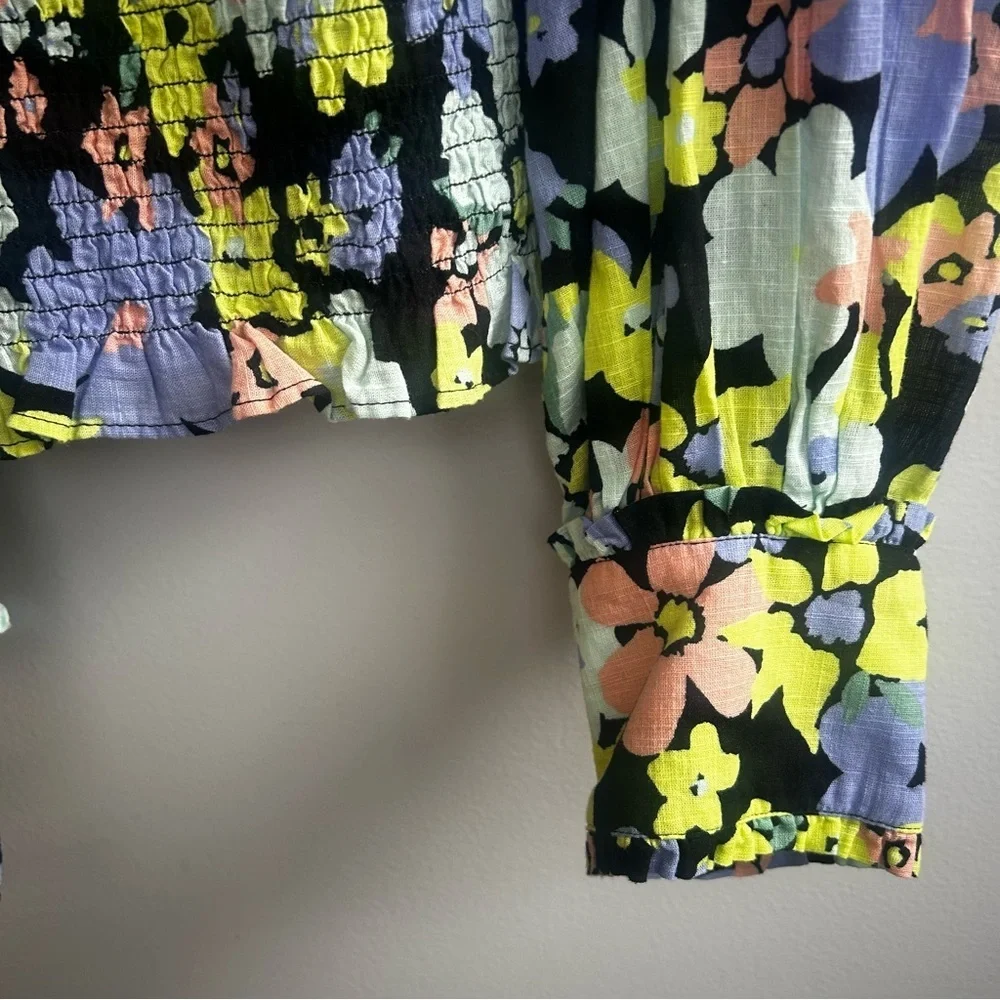 Free People Ariana Floral Retro Combo Balloon Sleeve Smocked Blouse Size Large